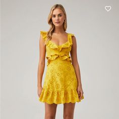 Brand New Astr Mustard Yellow Eyelet Dress With Tags. V-Neck Front With Wide Neck Sleeves. Open Back With 5 Metal Clasps At The Top And A Zipper At The Bottom. Flirty Yellow V-neck Mini Dress, Yellow Eyelet Dress, Eyelet Dress, Dresses Backless, Mustard Yellow, Favorite Color, Open Back, Mustard, Colorful Dresses