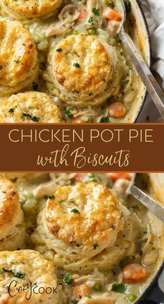 chicken pot pie with biscuits in a skillet