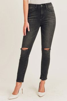 Fitted Distressed Dark Wash Bottoms, Fitted Washed Black Bottoms With Frayed Hem, Above The Knee, Black Denim, New Product, Black Jeans, High Rise, Pants, Black