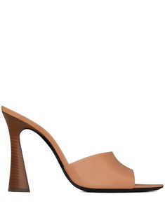 beige calf leather slip-on style pointed open toe branded footbed 105mm sculpted heel Leather Mules, Leather Slip Ons, Stacked Heel, Light Brown, Calf Leather, Calf Skin, Open Toe, Brown Leather, Saint Laurent