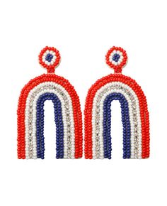 two red, white and blue beaded earrings with an oval design on the front