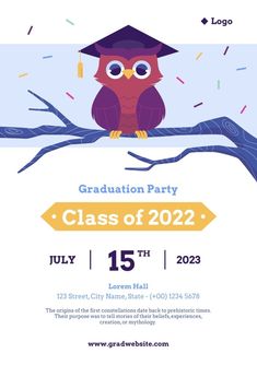 an owl sitting on top of a tree branch with the words graduation party class of 2012