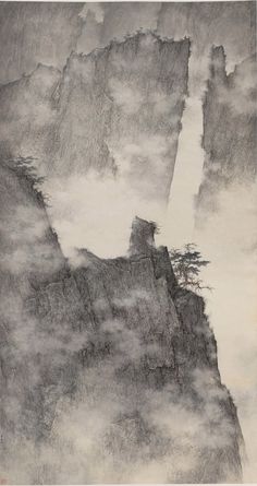 a drawing of mountains and clouds in the sky