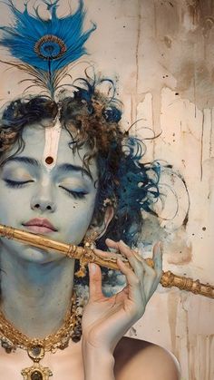 a woman with blue hair is holding a flute