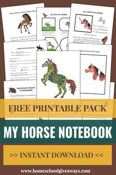 the printable horse notebook for kids is shown in front of it's cover