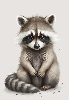 a raccoon with blue eyes sitting on the ground