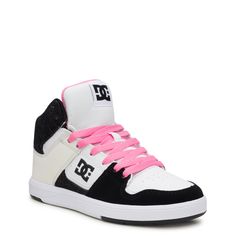 Create a cool edgy look with retro skate vibes by pairing these women's DC Cure black/crazy/pink/denim high tops with your favourite denim jeans, cargo pants, shorts, and more! Made of smooth leather, nubuck, and suede upper, these athleisure sneakers have a round toe front and lace-up closure. Features include a padded collar and tongue for comfort, breathable mesh lining, and a durable sticky rubber outsole for reliable traction and cupsole support. | DC Women's Cure High-Top Sneaker in Black/ Dc High Tops, Jordans Aesthetic, Skate Vibes, Athleisure Sneakers, Dc Shoes, Shoe Company, Boots And Sneakers, Kids Boots, Sneaker Shopping