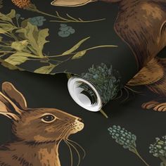 an image of a wallpaper with rabbits and flowers on it's black background