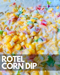 a bowl filled with corn and cheese next to the words hotel corn dip on it