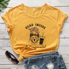 Coloreddeadinsidebutcaffeinated T-shirtspooky Women Short Sleeve Graphicskullcoffeelover Top Tee Shirt Casual Halloween Tops With Front Print, Casual Tops With Front Print For Halloween, Spiritual Hand, As Above So Below, Aesthetic Women, Graphic Top, Graphic Tops, Coffee Shirts, Graphic Tees Women