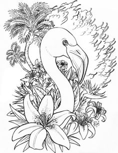 a flamingo is surrounded by flowers and plants in this black and white coloring page