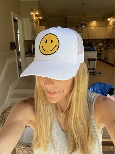 Adorable and so much fun!! This Smiley Face Vintage Trucker hat sits high for that cool Cali surfer vibe. Fully adjustable, foam backing with cotton front, trucker style with a mesh back. Perfect for the beach, sun, or just a bad hair day. Get ready for Summer!! Adjustable Baseball Cap With Smiley Face, Casual Smiley Face Snapback Baseball Cap, Trendy Smiley Face Baseball Cap With Curved Brim, Adjustable Smiley Face Baseball Cap For Summer, Casual Smiley Face Snapback Hat, Trendy Smiley Face Hat With Curved Brim, Trendy Curved Brim Hat With Smiley Face, Adjustable Smiley Face Cap, Trendy Smiley Face Cap