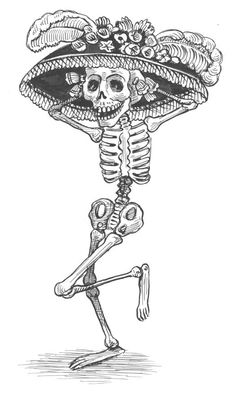 a skeleton wearing a hat and holding a skull in it's hand, with the word