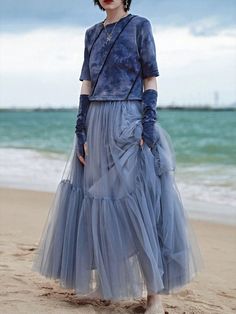 Neblina azul Elegante Collar  Tela Liso Campana Embellished No-Elástico Big Skirts, Full Midi Skirt, Overlay Skirt, Rock Outfit, Tiered Maxi Skirt, Mesh Overlay, Straight Skirt, Boho Women, Fashion Mode