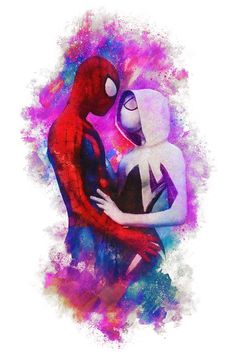 spider - man and woman hugging each other with colorful paint splatters around them