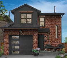 a two story brick house with black garage doors