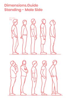 a line drawing of people standing in different positions, with the text dimensionss guide standing - male side