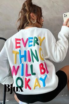 Bjux - Unisex White Everything Will Be Okay Colorful Letters Sweatshirt Everything Will Be Okay, Lisa Fischer, Baby Boy Jackets, Letter Sweatshirt, Blue Sequin Dress, Dropped Shoulder Sweatshirt, Letter Print Sweatshirt, Be Okay