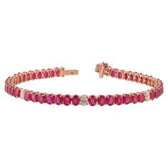 13.10 Carat Ruby and Diamond Bracelet in 18K Rose Gold This magnificent Oval shape sapphire tennis bracelet is incredulous. The solitaire Oval-shaped Oval-cut Ruby are beautifully With Diamonds making the bracelet more graceful and adding depth. Details of the piece: Diamond: 1.04 carats Ruby: 13.10 carats Size - 6.75 Inch's Note: The width and size of the bracelet can be changed. This piece can be made in any color of gold. Luxury Yellow Gold Ruby Tennis Bracelet, Sapphire Tennis Bracelet, Ruby Diamond, Tennis Bracelet, 18k Rose Gold, Link Bracelets, Oval Shape, Or Rose, Diamond Bracelet