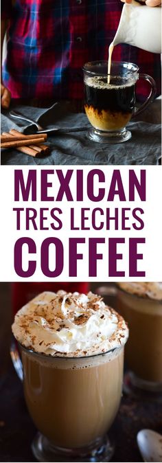 mexican tres leches coffee with whipped cream being poured into the cup and topped with chocolate