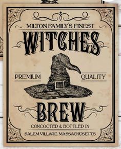 a sign for witches brew hangs on the wall