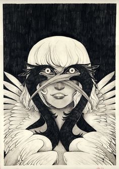 a drawing of a woman with wings on her face and head, in black and white