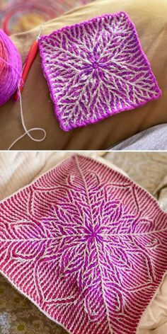 two pictures show the process of crocheting with yarn