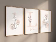 three framed art prints with the letter l and flowers in pink, peach and white