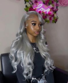 platinum silver grey stormy wig side part #wig #hair #silverwig Platinum Silver Wigs For Black Women, Grey Frontal Wig Styles, Silver Prom Hairstyles, Stormy Grey Wig, Storm Grey Wig, Sliver Wig Black Women Hairstyle, Platinum Wigs For Black Women, Gray Weave Black Women, Platinum Wig Hairstyles