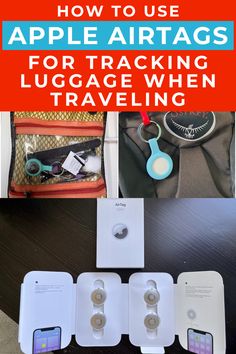 the contents of an apple airtags are shown in this collage with text that reads how to use apple airtags for tracking luggage when traveling