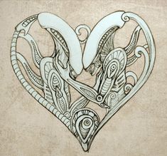 an artistic drawing of two birds in a heart shape on a beige background with swirls