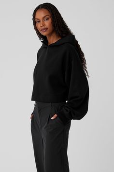 A cute and comfy counterpart to your high-waisted favorites, the Bae Hoodie has a relaxed fit, long scrunchable sleeves, ribbed cuffs and a slightly cropped ribbed hem that highlights the natural waist. The pocketless design is streamlined and bulk-free, and the French terry is an absolute pleasure to pull on: smooth on outside and fleecy on the inside. Fall Ribbed Hoodie Athleisure Style, Ribbed Athleisure Hoodie For Fall, Sporty Ribbed Hoodie For Fall, Alo Yoga Sweats With Ribbed Cuffs For Fall, Alo Yoga Fall Sweats With Ribbed Cuffs, Oversized Cropped Hoodie For Fall, Alo Yoga Fall Hoodie With Ribbed Cuffs, Alo Yoga Relaxed Fit Hoodie With Ribbed Cuffs, Casual Alo Yoga Hoodie For Fall