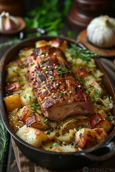 Roasted pork loin with vegetables and herbs in a baking dish. Pork Sauerkraut Recipes, German Pork Tenderloin Recipes, Christmas Dinner Recipes Main Meat, Pork Leg Roast Recipes Slow Cooker, Porketta Roast Oven, Pork Oven Recipes, Boneless Center Cut Pork Roast, Fall Pork Tenderloin Recipes, Pork Roast Ideas