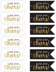 black and gold cheesy party banner set with white paper pennants that say poop pour cher, poop pour cheer