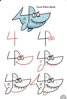 how to draw a cartoon shark with four different shapes and numbers for each shark's face