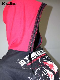 DETAILS Altered from a t-shirt for a casual fit with red knit on the sleeves, hood and waistband. The hood is lined in black knit with lace trimming the edge and a black ribbon drawstring. LENGTH: 15" armpit to hem MODEL: Wears size S and is 5'7 VIEW SIZE GUIDE CARE: Hand wash cold, hang dry. SHIPPING: Made When Ordered Please allow 2-3 WEEKS to ship. Cute Diys, Black Ribbon, Black Knit, Cropped Hoodie, My Chemical Romance, Casual Fits, Lace Trim, Sweatpants, Romance