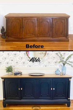 before and after photos of an old entertainment center