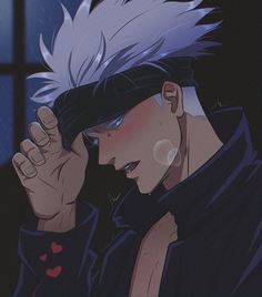 an anime character with white hair and piercings on his ears, holding his hand to his face