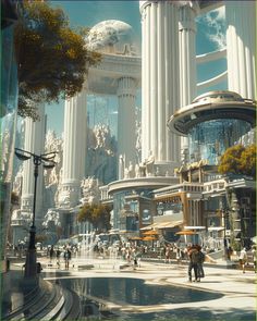 a futuristic city with tall white buildings and lots of people