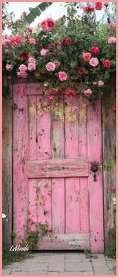 an old pink door with roses growing over it