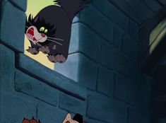 an animated image of a cat and dog looking at each other in front of a brick wall