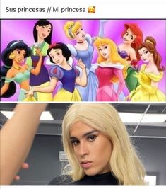 a woman with blonde hair and disney princesses on her face, next to an image of the same character