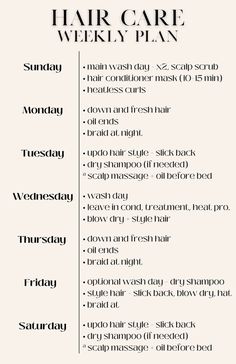 Shower Routine Days Of The Week, Weekly Hair Wash Routine, One Week Hair Care Routine, Hair Care Challenge 30 Day, Monthly Hair Care Routine, Weekly Hair Growth Routine, Hair Care Routine Chart, Hair Care Basics, Hair Growth Plan