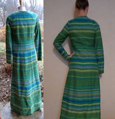 "This is amazing vintage dress! It is handmade unique garment! Made of heavyweight striped cotton in green, blue and yellow colors. The dress has slim fit silhouette, raglan sleeves, front button closure, side zipper (waist), green lining. Without any tags, because it is old handmade item. Size XS, S UK8, Eur 36, US 4-6 To fit bust ~33\"-34\" To fit waist ~26\"-28\" To fit hip ~34\"-36\" In good vintage condition, AS IS, comes from smoke-free home. Measures taken flat: Bust: ~35\" (88cm) Waist: Fitted Bohemian Striped Dress, Bohemian Fitted Striped Dress, Bohemian Striped Fitted Dress, Vintage Long Sleeve Striped Dresses, Vintage Long Green Dress, Long Green Cotton Dress, Green Cotton Lined Dress, Vintage Green Cotton Dress, Raglan Sleeve Dress