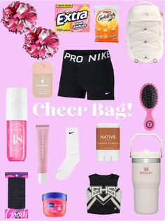 Cheer!  Everything you need!  Comment what I should do next! What To Put In My Cheer Bag, What To Put In Ur Cheer Bag, What To Have In Your Cheer Bag, Cheer Essentials, Cheerleading Essentials, Preppy Christmas Outfit