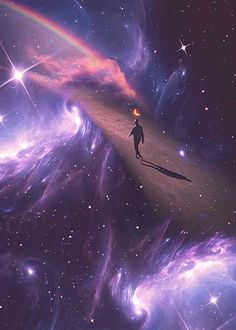 a person standing on top of a hill in the middle of space surrounded by stars