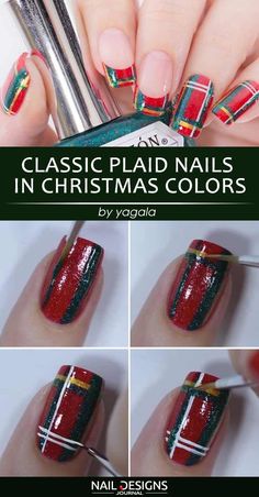 Heart Warming Christmas Nail Art Tutorials - Nail Designs Journal Plaid Nail Art Christmas, Tartan Plaid Nails, Plaid Nail Designs Christmas, Christmas Plaid Nails Design, Red And Green Plaid Nails, Tartan Nail Art, Christmas Nails Plaid, Scotland Nails, Plaid Nails Christmas