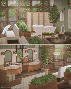 the interior of a living room with plants in pots on the windowsills and an old fashioned bathtub