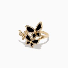 Effy Nature 14K Yellow Gold Onyx and Diamond Multi Butterfly Ring Evening Jewelry In 14k Gold With Black Enamel, Evening 14k Gold Jewelry With Black Enamel, Luxury 14k Gold Ring With Black Enamel, Luxury 14k Gold Rings With Black Enamel, Luxury Black 14k Gold Rings, Black Enamel Evening Ring, Fine Jewelry Black 14k Gold Ring, 14k Gold Black Jewelry With 17 Jewels, Black 14k Gold Jewelry With 17 Jewels