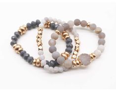 Set of three multi-beaded natural stone stretch bracelet stack. Includes shades of gray and gold tone beads with a druzy pendant. Wear them together or alone. Measurements: Stretch *All Jewelry is Final Sale* Grey Bracelet, Jesus Sandals, Nail Bracelet, Gray Bracelet, Valentino Fashion, Rhinestone Fashion, Shades Of Gray, Cream And Gold, Told You